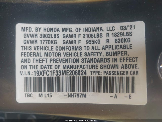 Honda CIVIC EX 2021 19XFC1F33ME206824 Image 9
