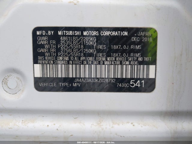 Aukcja sprzedaży 2019 Mitsubishi Outlander Sel, vin: JA4AZ3A33KZ028792, numer aukcji: 45400111