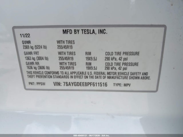 Продаж на аукціоні авто 2023 Tesla Model Y Awd/long Range Dual Motor All-wheel Drive, vin: 7SAYGDEE8PF611516, номер лоту: 45400121