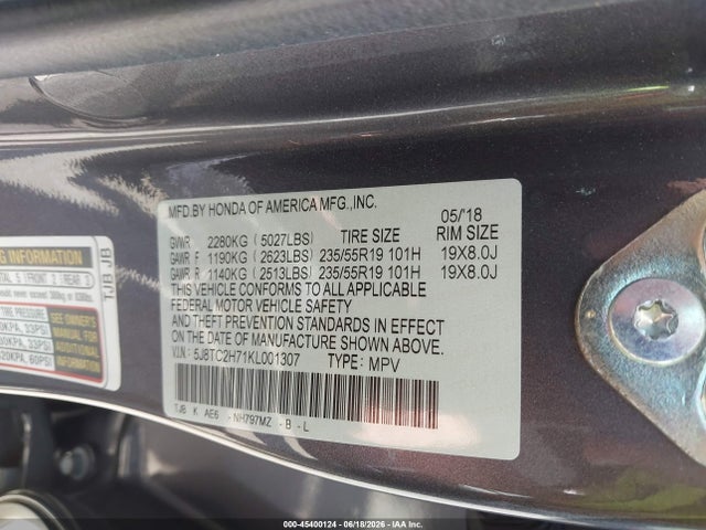 2019 Acura Rdx Advance Package მანქანა იყიდება აუქციონზე, vin: 5J8TC2H71KL001307, აუქციონის ნომერი: 45400124