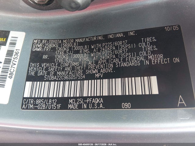 Aukcja sprzedaży 2006 Toyota Sienna Xle Limited, vin: 5TDBA22C96S057554, numer aukcji: 45400126