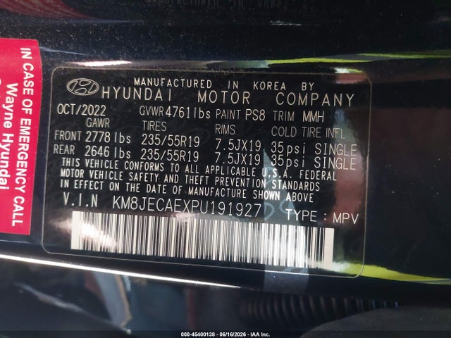 Aukcja sprzedaży 2023 Hyundai Tucson Limited, vin: KM8JECAEXPU191927, numer aukcji: 45400138