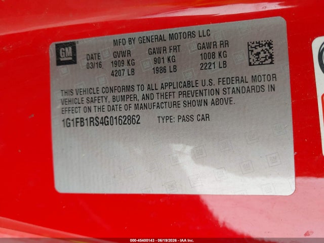 Auction sale of the 2016 Chevrolet Camaro 1lt, vin: 1G1FB1RS4G0162862, lot number: 45400143