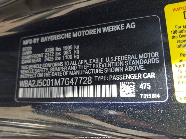 2021 Bmw M240i მანქანა იყიდება აუქციონზე, vin: WBA2J5C01M7G47728, აუქციონის ნომერი: 45400183