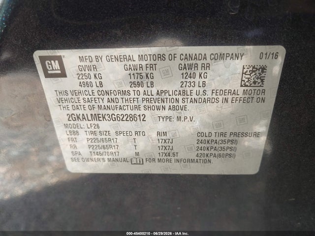 Продажа на аукционе авто 2016 Gmc Terrain Sle-1, vin: 2GKALMEK3G6228612, номер лота: 45400210