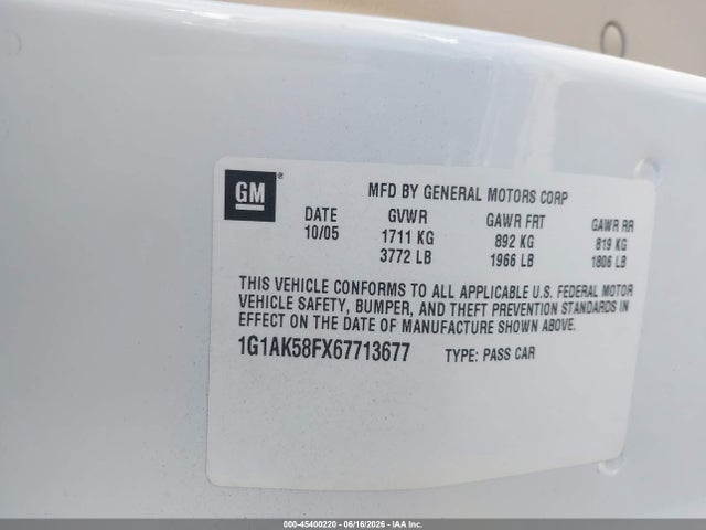 45400220 :رقم المزاد ، 1G1AK58FX67713677 vin ، 2006 Chevrolet Cobalt Ls مزاد بيع