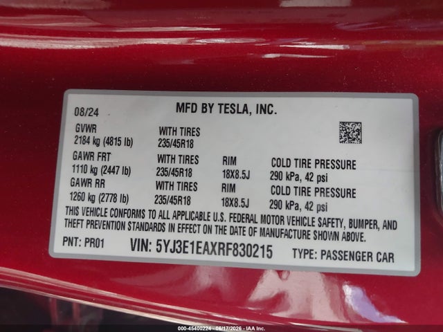 Aukcja sprzedaży 2024 Tesla Model 3 Long Range Dual Motor All-wheel Drive/rear-wheel Drive, vin: 5YJ3E1EAXRF830215, numer aukcji: 45400224