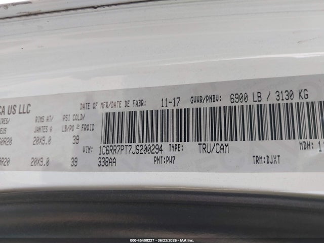 2018 Ram 1500 Longhorn მანქანა იყიდება აუქციონზე, vin: 1C6RR7PT7JS200294, აუქციონის ნომერი: 45400227