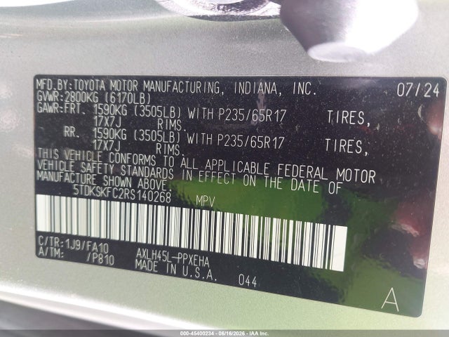 Aukcja sprzedaży 2024 Toyota Sienna Le, vin: 5TDKSKFC2RS140268, numer aukcji: 45400234