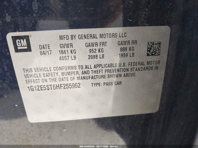 2017 Chevrolet Malibu 1lt მანქანა იყიდება აუქციონზე, vin: 1G1ZE5ST6HF255962, აუქციონის ნომერი: 45400248