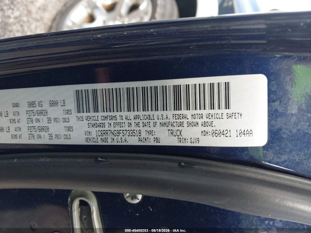 45400253 :رقم المزاد ، 1C6RR7NG9FS733518 vin ، 2015 Ram 1500 Laramie مزاد بيع