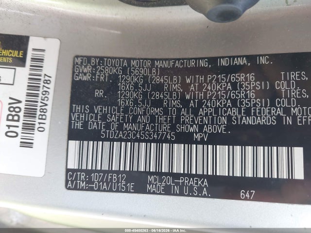 Aukcja sprzedaży 2005 Toyota Sienna Le, vin: 5TDZA23C45S347745, numer aukcji: 45400263