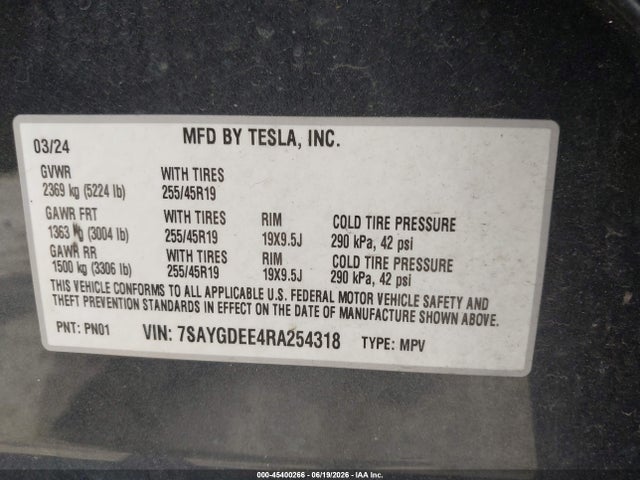 Aukcja sprzedaży 2024 Tesla Model Y Long Range Dual Motor All-wheel Drive, vin: 7SAYGDEE4RA254318, numer aukcji: 45400266
