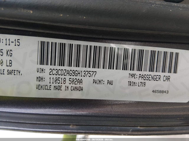2016 Dodge Challenger Sxt მანქანა იყიდება აუქციონზე, vin: 2C3CDZAG9GH137577, აუქციონის ნომერი: 45400269