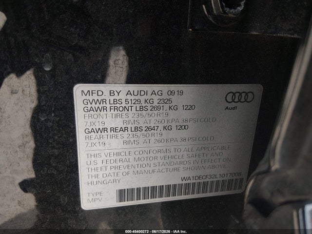 2020 Audi Q3 Premium 45 Tfsi S Line Quattro Tiptronic მანქანა იყიდება აუქციონზე, vin: WA1DECF32L1017008, აუქციონის ნომერი: 45400272