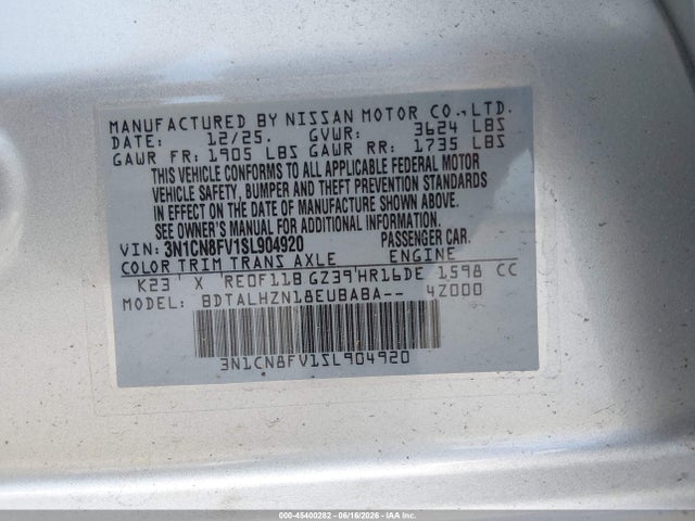 2025 Nissan Versa 1.6 Sr მანქანა იყიდება აუქციონზე, vin: 3N1CN8FV1SL904920, აუქციონის ნომერი: 45400282