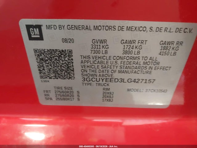 Aukcja sprzedaży 2020 Chevrolet Silverado 1500 4wd  Short Bed Rst, vin: 3GCUYEED3LG427157, numer aukcji: 45400300