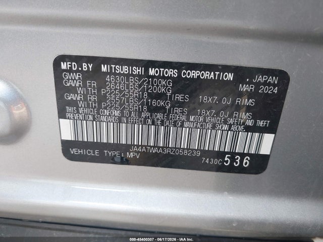 Продажа на аукционе авто 2024 Mitsubishi Eclipse Cross Se S-awc/sel S-awc, vin: JA4ATWAA3RZ058239, номер лота: 45400307