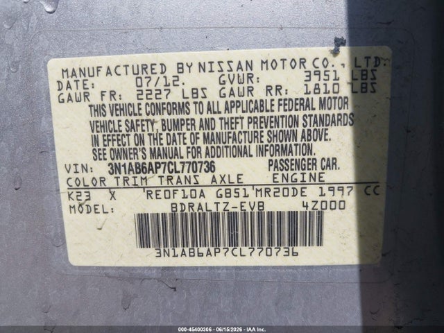 Продаж на аукціоні авто 2012 Nissan Sentra 2.0 Sr, vin: 3N1AB6AP7CL770736, номер лоту: 45400306