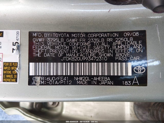 2009 Toyota Prius მანქანა იყიდება აუქციონზე, vin: JTDKB20U993472310, აუქციონის ნომერი: 45400329
