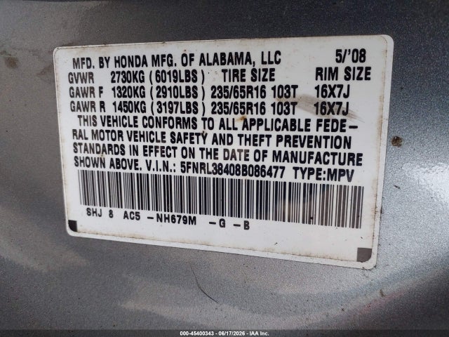 Продажа на аукционе авто 2008 Honda Odyssey Ex, vin: 5FNRL38408B086477, номер лота: 45400343