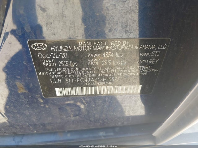 Aukcja sprzedaży 2021 Hyundai Sonata Se, vin: 5NPEG4JA3MH105771, numer aukcji: 45400350