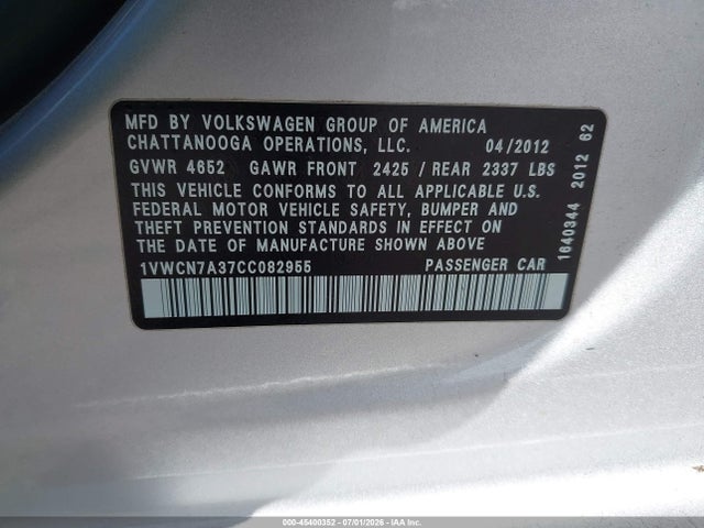 Aukcja sprzedaży 2012 Volkswagen Passat 2.0l Tdi Sel Premium, vin: 1VWCN7A37CC082955, numer aukcji: 45400352
