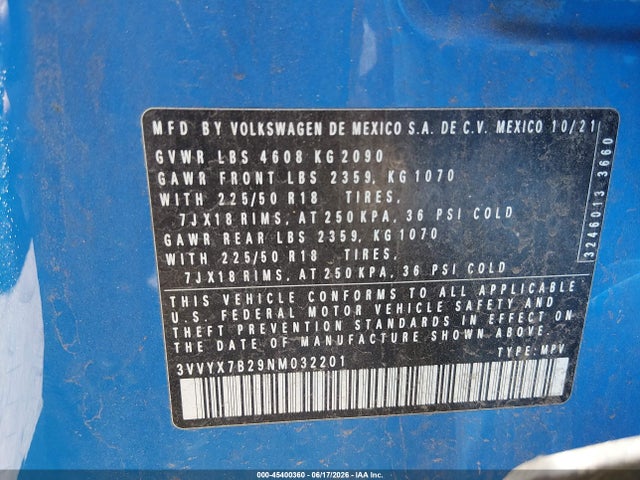 Aukcja sprzedaży 2022 Volkswagen Taos 1.5t Se, vin: 3VVYX7B29NM032201, numer aukcji: 45400360