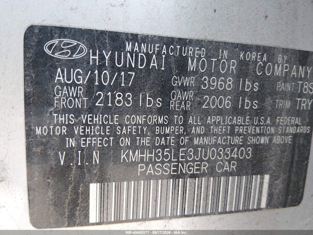 Aukcja sprzedaży 2018 Hyundai Elantra Gt, vin: KMHH35LE3JU033403, numer aukcji: 45400377