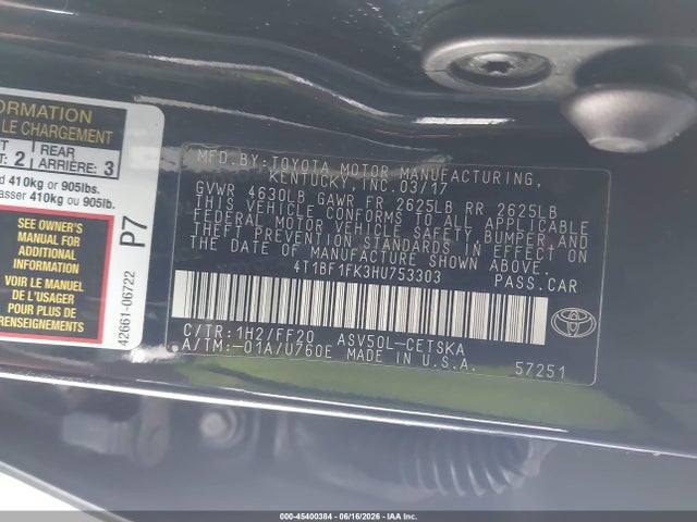 45400384 :رقم المزاد ، 4T1BF1FK3HU753303 vin ، 2017 Toyota Camry Se مزاد بيع