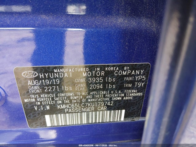 Aukcja sprzedaży 2019 Hyundai Ioniq Hybrid Blue, vin: KMHC65LC7KU179742, numer aukcji: 45400386