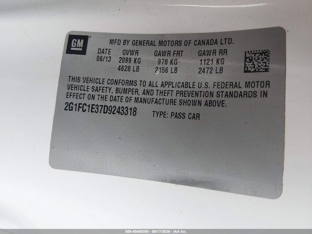 45400390 :رقم المزاد ، 2G1FC1E37D9243318 vin ، 2013 Chevrolet Camaro 2lt مزاد بيع