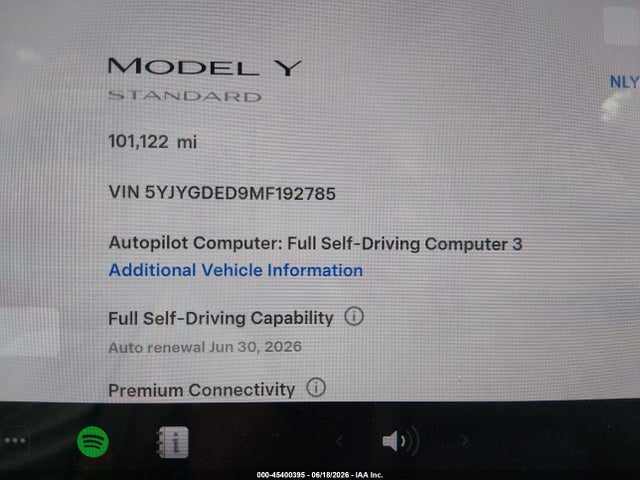 45400395 :رقم المزاد ، 5YJYGDED9MF192785 vin ، 2021 Tesla Model Y Standard Range Rear-wheel Drive مزاد بيع