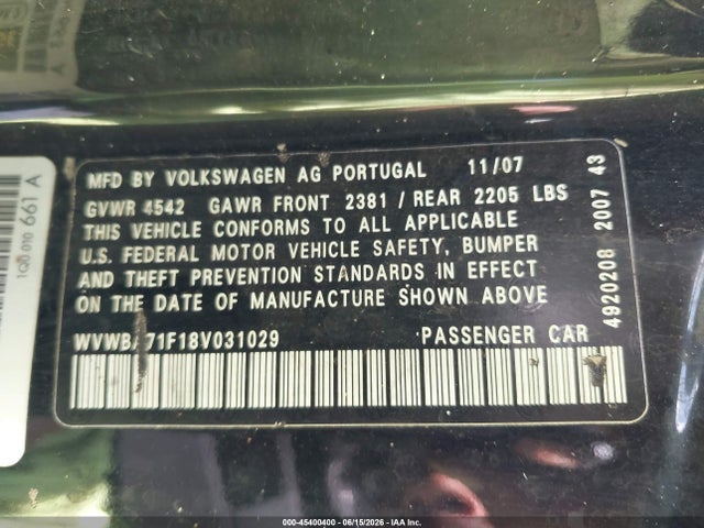 45400400 :رقم المزاد ، WVWBA71F18V031029 vin ، 2008 Volkswagen Eos Komfort/turbo مزاد بيع