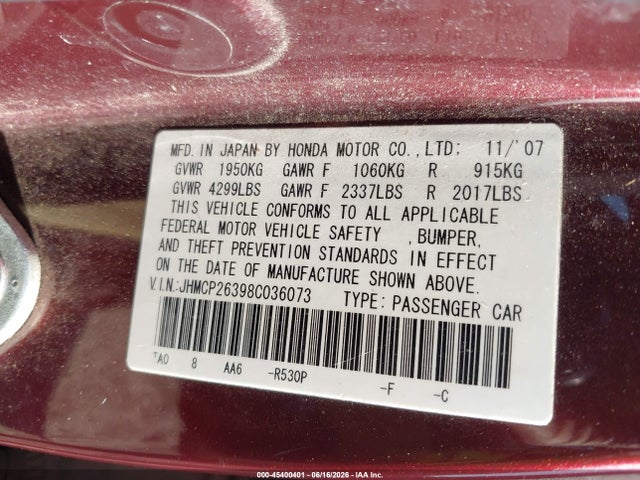 45400401 :رقم المزاد ، JHMCP26398C036073 vin ، 2008 Honda Accord 2.4 Lx مزاد بيع