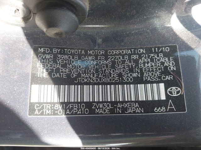 Aukcja sprzedaży 2011 Toyota Prius Two, vin: JTDKN3DUXB0251300, numer aukcji: 45400408