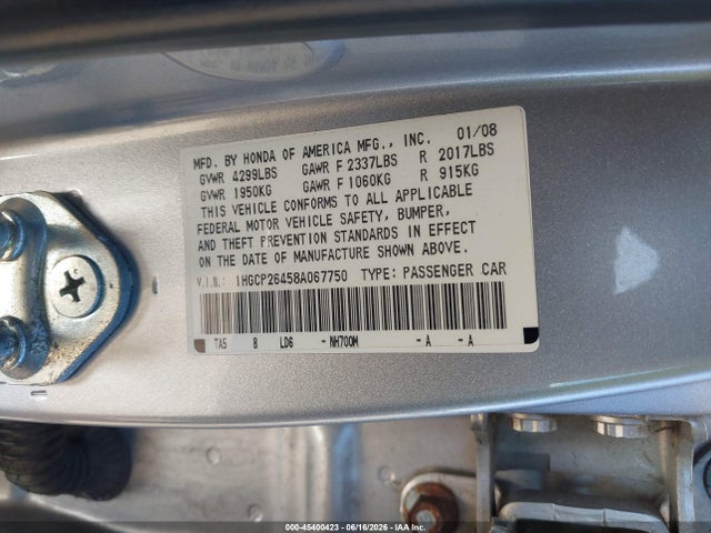 Aukcja sprzedaży 2008 Honda Accord 2.4 Lx-p, vin: 1HGCP26458A067750, numer aukcji: 45400423