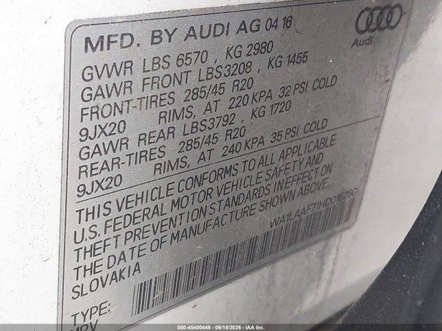 Aukcja sprzedaży 2017 Audi Q7 3.0t Premium, vin: WA1LAAF71HD016260, numer aukcji: 45400446