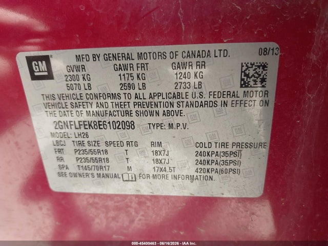 Aukcja sprzedaży 2014 Chevrolet Equinox Lt, vin: 2GNFLFEK8E6102098, numer aukcji: 45400463