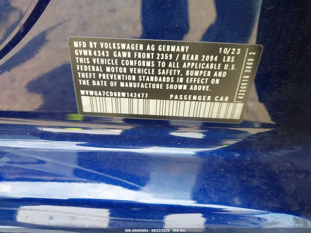2024 Volkswagen Golf Gti 2.0t S მანქანა იყიდება აუქციონზე, vin: WVWGA7CD6RW142477, აუქციონის ნომერი: 45400464