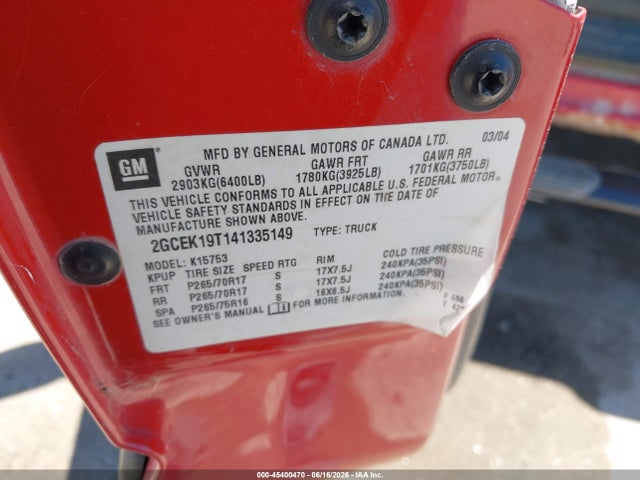 45400470 :رقم المزاد ، 2GCEK19T141335149 vin ، 2004 Chevrolet Silverado 1500 Z71 مزاد بيع