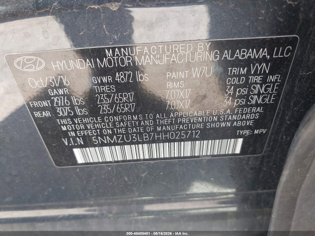 Aukcja sprzedaży 2017 Hyundai Santa Fe Sport 2.4l, vin: 5NMZU3LB7HH025712, numer aukcji: 45400481