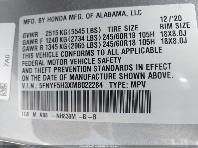Honda Pilot 2wd Ex 2021 5FNYF5H3XMB022284 Image 9