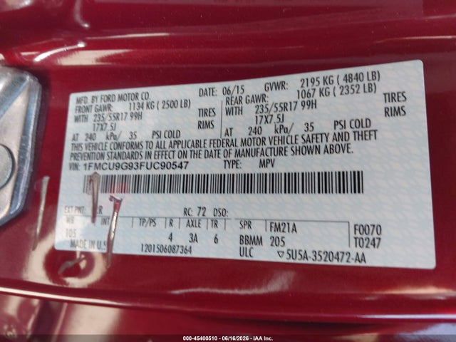 Ford ESCAPE SE 2015 1FMCU9G93FUC90547 Image 9