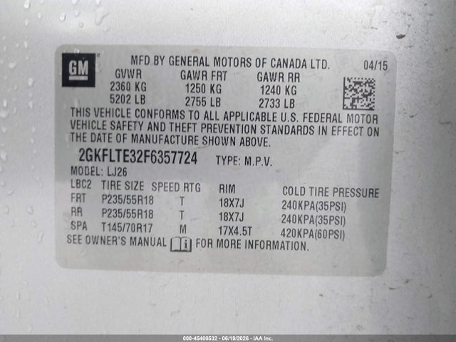 Продаж на аукціоні авто 2015 Gmc Terrain Slt-2, vin: 2GKFLTE32F6357724, номер лоту: 45400532