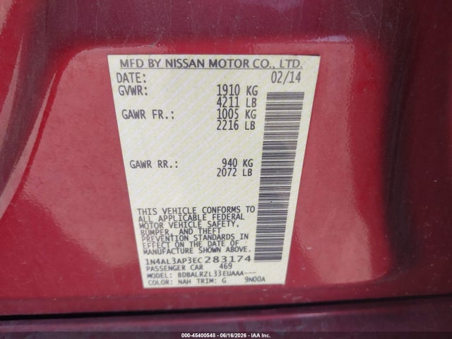 1N4AL3AP3EC283174 Nissan Altima 2.5/2.5 S/2.5 Sl/2.5 Sv