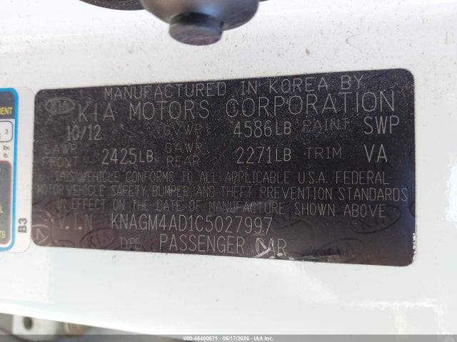 45400571 :رقم المزاد ، KNAGM4AD1C5027997 vin ، 2012 Kia Optima Hybrid Ex مزاد بيع