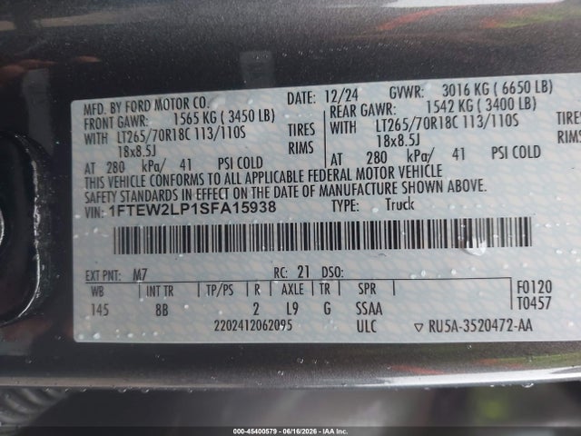 Продажа на аукционе авто 2025 Ford F-150 Stx, vin: 1FTEW2LP1SFA15938, номер лота: 45400579