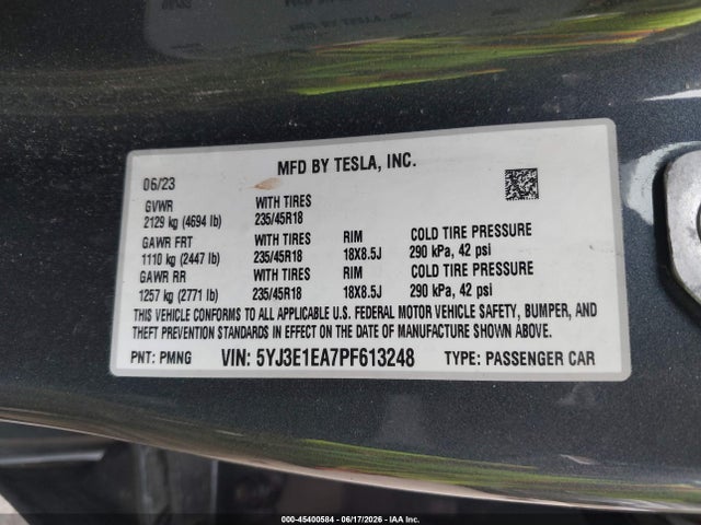 Продажа на аукционе авто 2023 Tesla Model 3 Rear-wheel Drive, vin: 5YJ3E1EA7PF613248, номер лота: 45400584