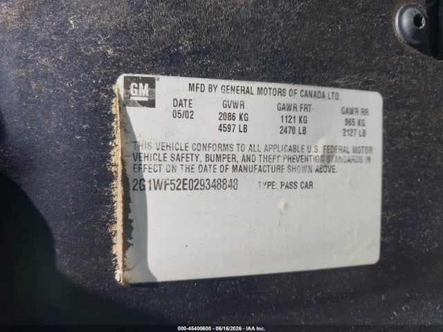 Продаж на аукціоні авто 2002 Chevrolet Impala, vin: 2G1WF52E029348848, номер лоту: 45400600